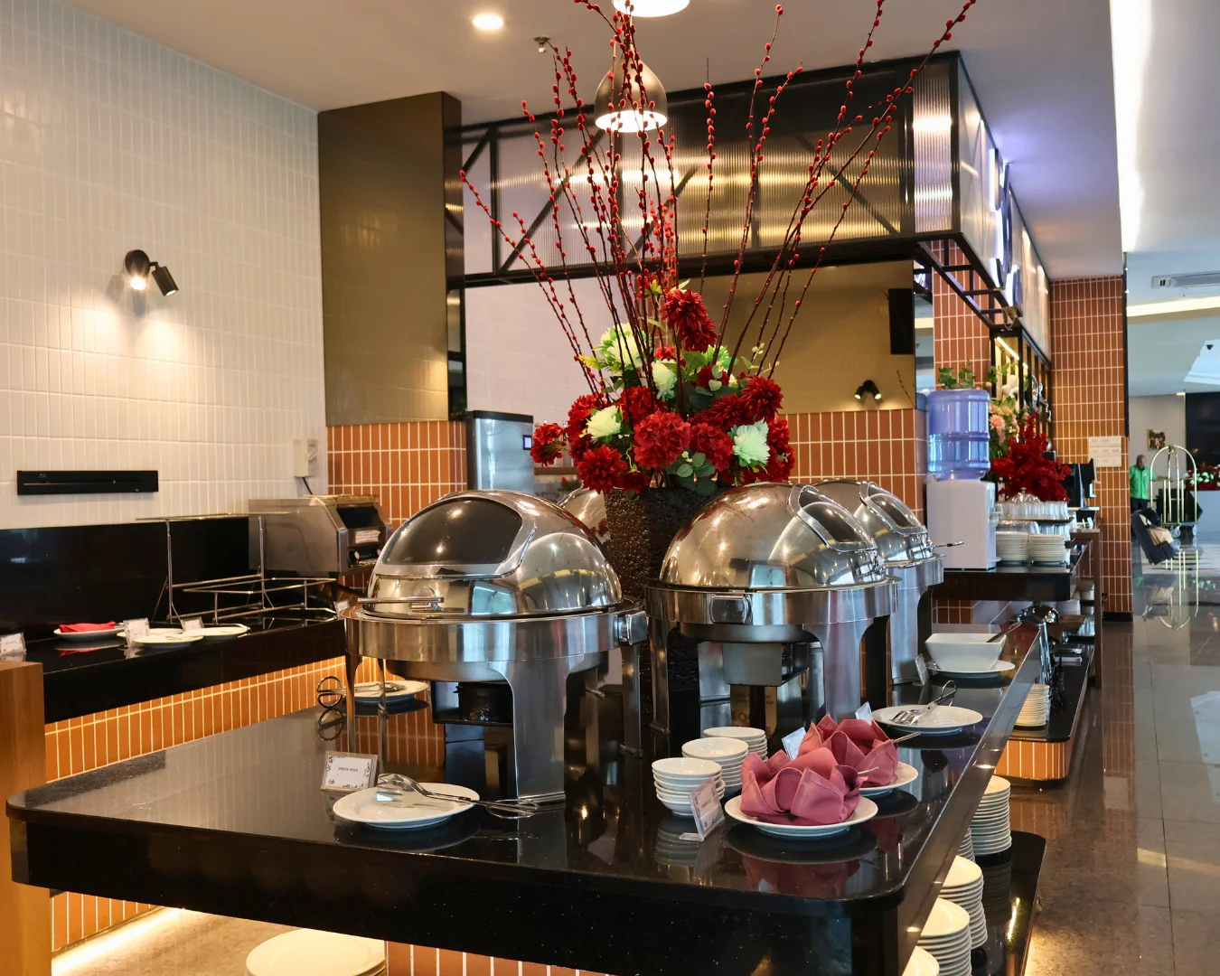 Block A cafeteria buffet and seating area