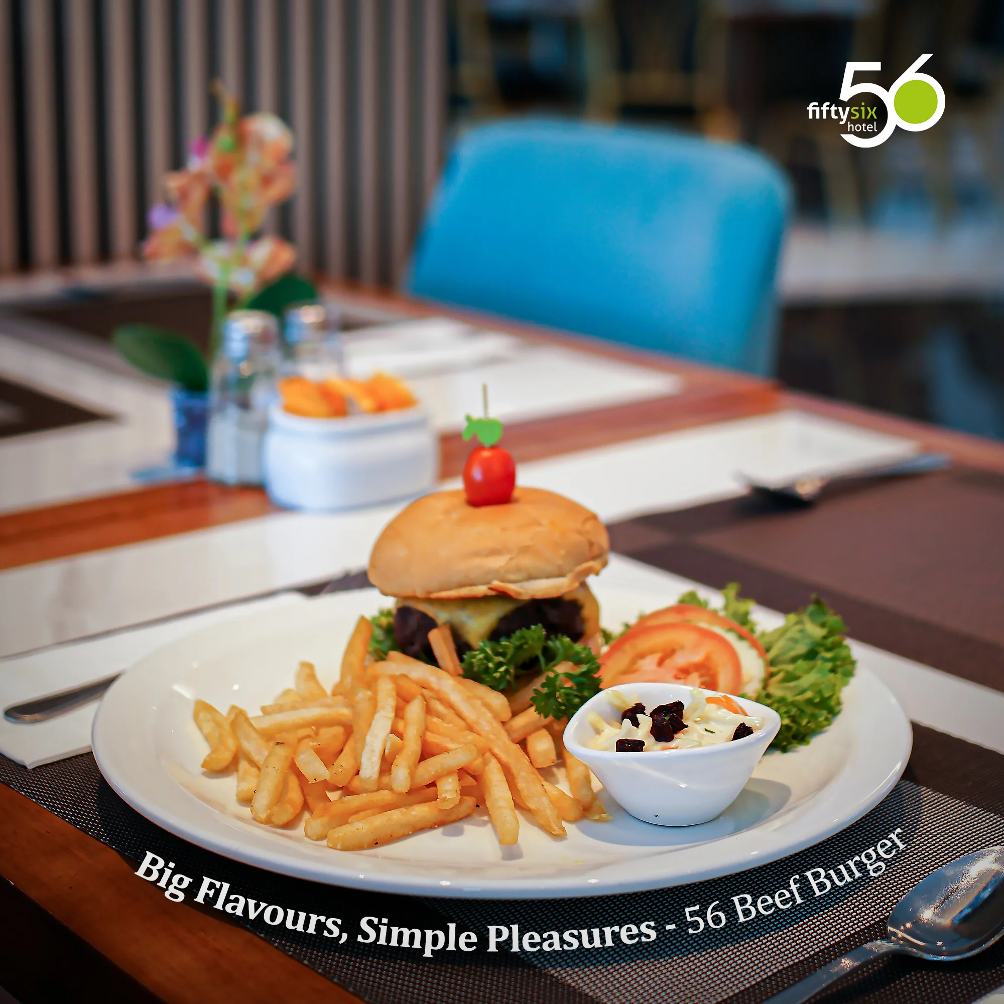 56 beef burger served at 56 Cafe